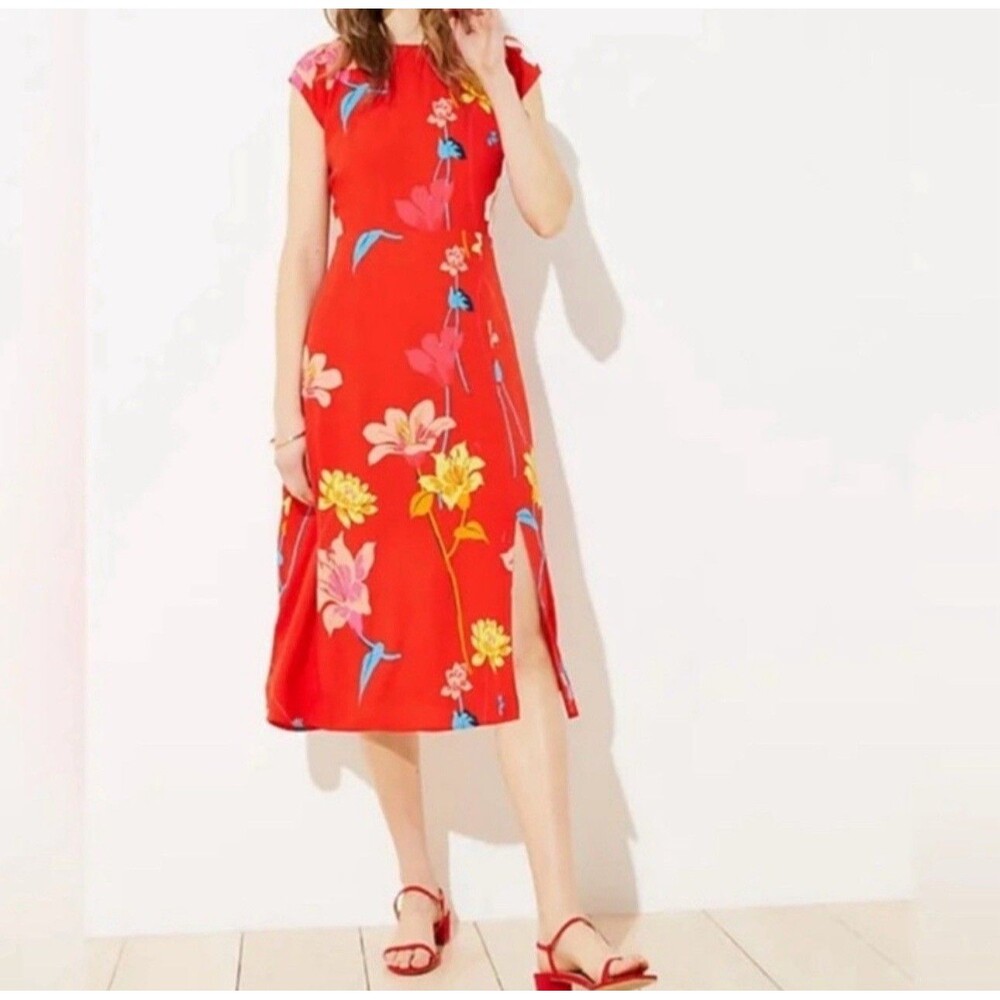 LOFT Petites 6P Red Floral Midi Dress Rayon Cap Sleeve Fit & Flare Spring Summer